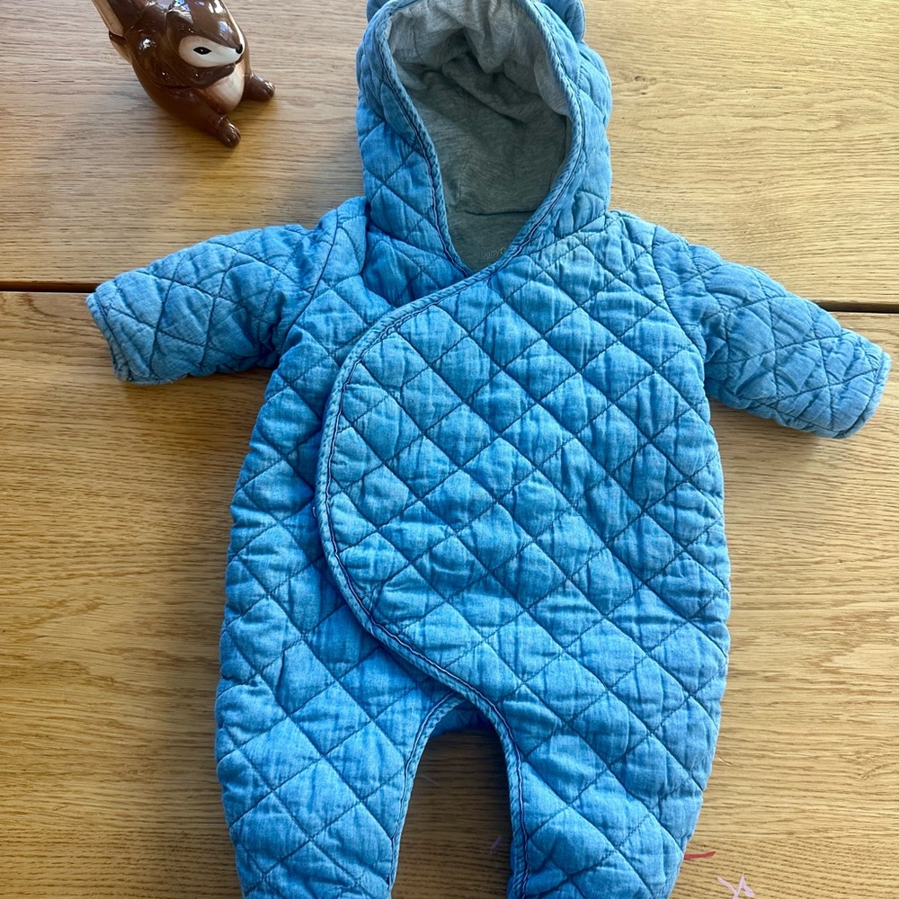 GAP Baby Bear Hooded Blue Quilted Chambray Baby One Piece Jacket